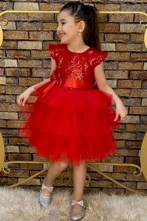Children's Red Evening Dress With Pulp Embroidered Layered Red 100328676