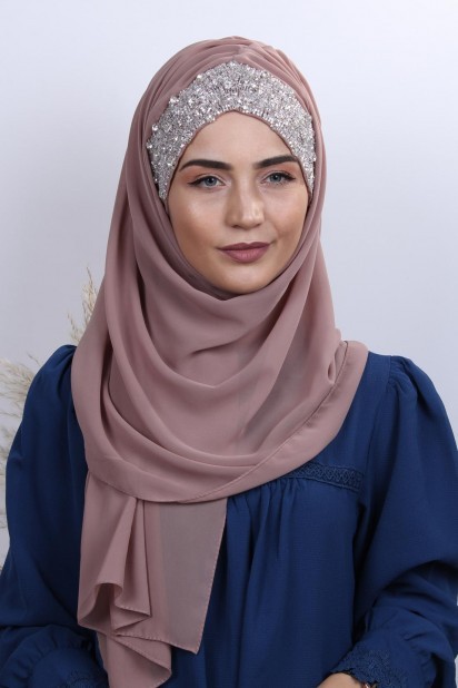 Woman Hijab & Scarf - Stone Design Bonnet Shawl Light Mink 100282989 - Turkey