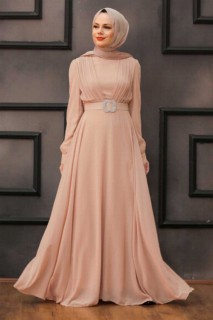 Wedding & Evening - Beige Hijab Evening Dress 100338106 - Turkey