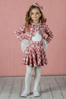 Outwear - Girl's Stone Brooch Red Plaid Skirt Suit 100328724 - Turkey