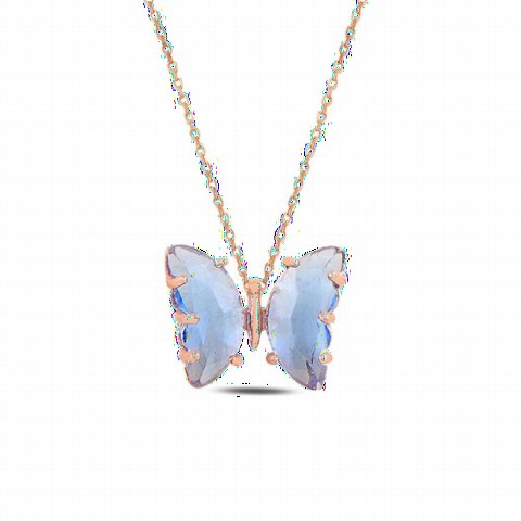 Other Necklace - Navy Blue Stone Butterfly Model Silver Necklace 100346950 - Turkey
