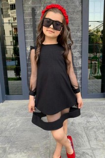 Girl's Sleeves and Skirt Transparent Black Dress 100328522
