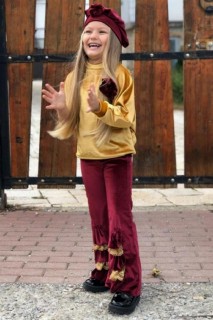 Girl's Spanish Trousers Guipure Detailed Velvet Mustard Bottom Top Set 100327037