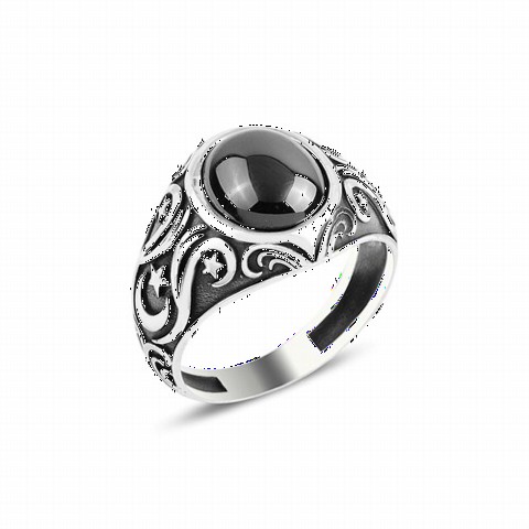 Zircon Stone Rings - Black Zircon Stone Men's Sterling Silver Ring 100349214 - Turkey