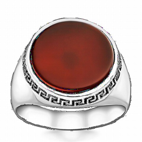 Round Plain Red Agate Stone Simple Sterling Silver Ring 100346458