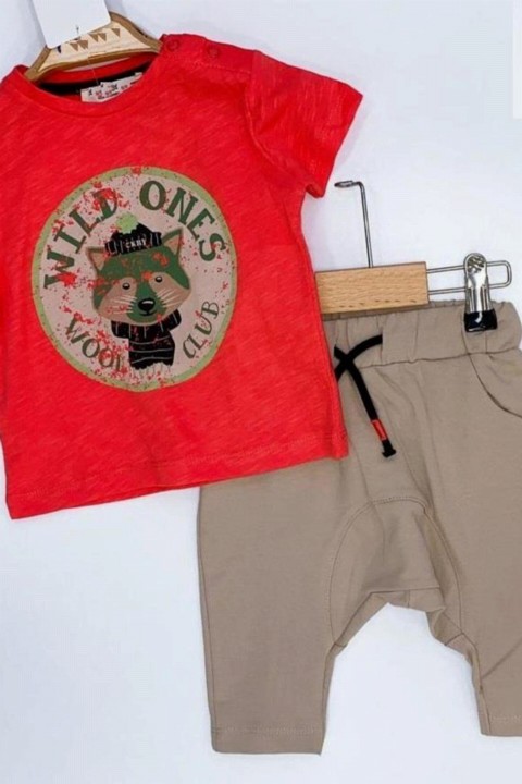 Baby Boy Clothes - Baby Boy Wild Ones Printed Shawl Coral Top Set 100326962 - Turkey