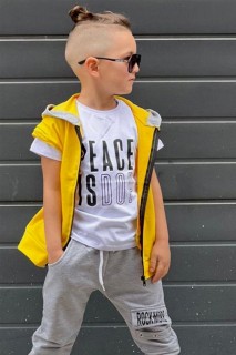 Boy Clothing - Boys' PEACE ISDOPE Printed Zero-Sleeve Vest Yellow Tracksuit Suit 100328592 - Turkey