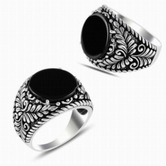 Onyx Stone Rings - Black Onyx Stone Side Nature Motif Sterling Silver Ring 100347880 - Turkey