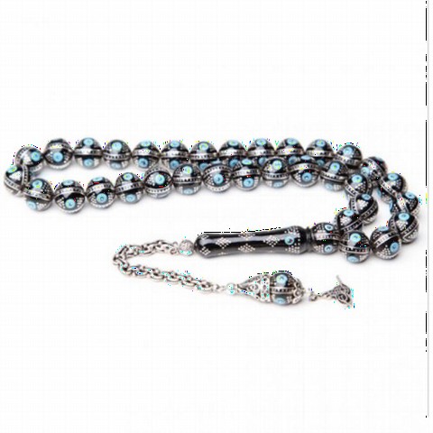 Rosary - Original Erzurum Oltu Stone Turquoise Embroidered Silver Rosary 100346829 - Turkey