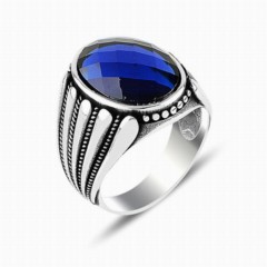 Zircon Stone Rings - Blue Cut Zircon Stone Silver Men's Ring 100347895 - Turkey