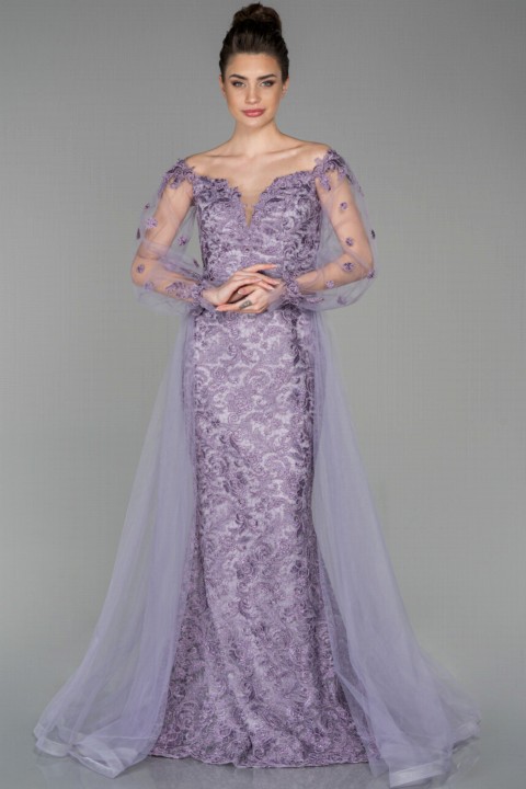Woman Clothing - Abendkleid Guipure-bestickter Schwanz Detailliertes Verlobungskleid 100295523 - Turkey