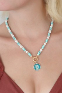 Necklaces - Blue White Bead Caesar Figure Women Necklace 100327939 - Turkey