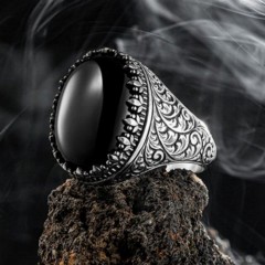 Onyx Stone Rings - Ottoman Patterned Silver Ring With Black Onyx Stone 100346430 - Turkey