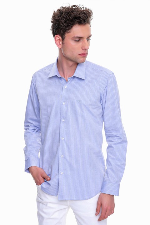 Men Clothing - Men's Blue Marida 100% Cotton Slim Fit Slim Fit Solid Collar Long Sleeve Shirt 100351203 - Turkey