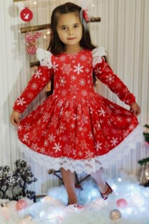Kids - Girl's Guipure Detailed Snowflake Red Velvet Dress 100327029 - Turkey