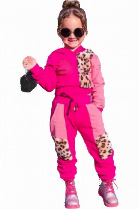 Tracksuits, Sweatshirts - Girls' Double Colored Leopard Detailed Hooded Pink Tracksuit Suit 100327014 - Turkey