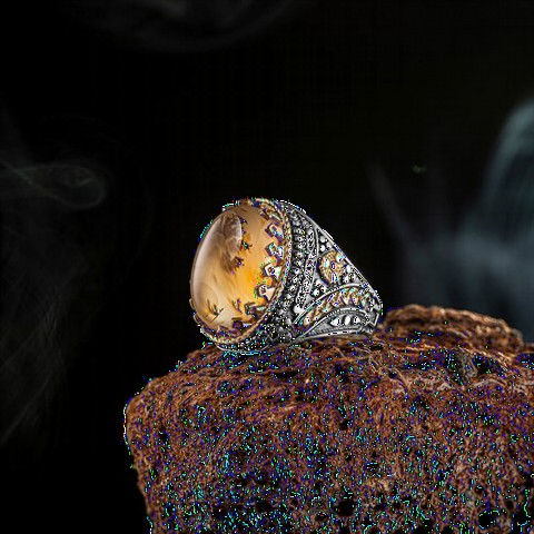 Yemen Agate Stone Gold Detailed Silver Ring 100349198