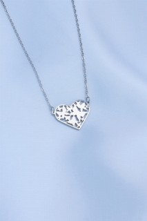 Jewelry & Watches - Silver Color Butterfly Pattern Heart Figure Zircon Stone Detail Steel Women's Necklace 100327850 - Turkey