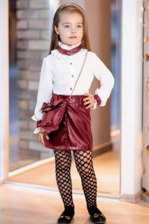 Girls - Girl's New Ruffle Collar and Claret Red Leather Skirt Suit 100328211 - Turkey