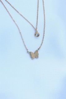 Necklaces - Gold Color Butterfly Figure Zircon Stone Detail Steel Woman Necklace 100327842 - Turkey