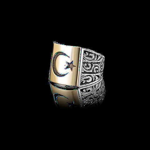 Star and Crescent Embroidered Silver Ring on Gold Plate 100349319