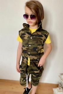 Boy's Back Chain Detailed Front Snap Button and Hooded Camouflage-Yellow Tracksuit 100327284