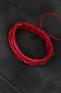 Men - Red Color Corded New Season Leather Men's Bracelet 100342407 - Turkey