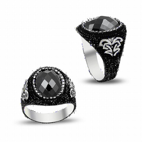 Black Zircon Stone Motif Sterling Silver Men's Ring 100349287