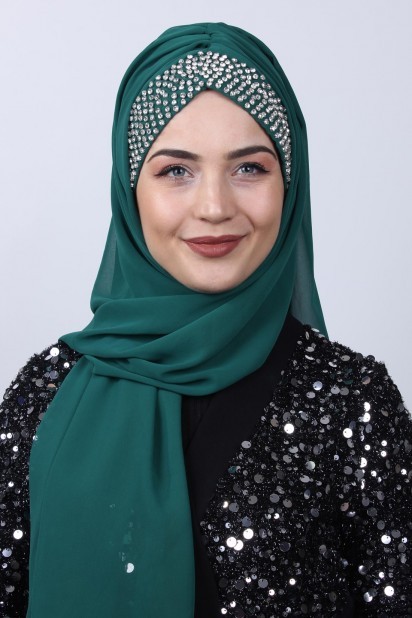 Ready to wear Hijab-Shawl - Stone Boneli Design Shawl Emerald Green 100282967 - Turkey