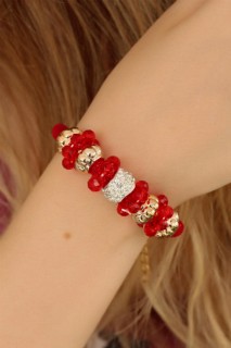 Woman - Red Color and Crystal Stone Bracelet 100318754 - Turkey