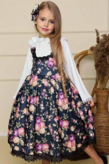 Girls - Robe fille noire à imprimé floral brodé de dentelle et chemise à col chemise 100327419 - Turkey