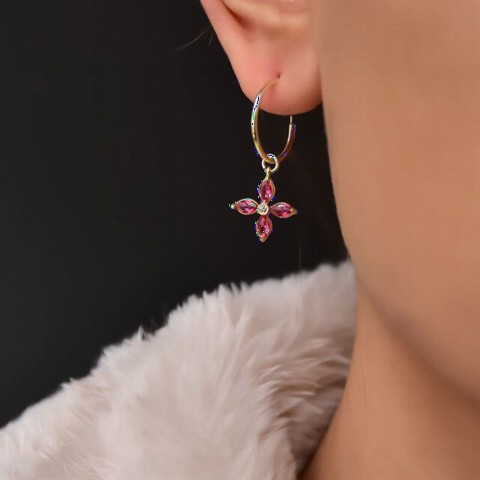 Jewelry & Watches - Fuchsia Zircon Stone Flower Dangle Earrings Gold 100350016 - Turkey