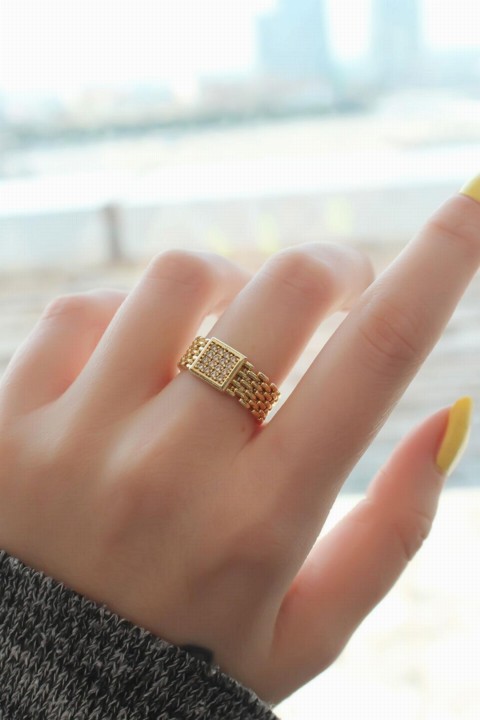 Adjusted Gold Color Square Zircon Stone Ring 100319891