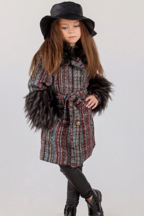 Girl's Red and Fur Cachet Coat Leather Leggings Set 100327034