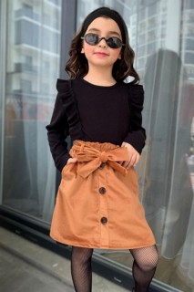 Girl's New Frilly and Double Pocket Front Button Detailed Black Velvet Skirt Suit 100344682