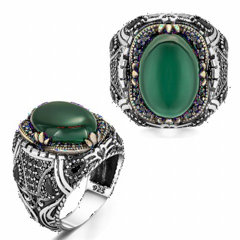 Agate Stone Rings - Green Agate Stone Drop Stone Embroidered Silver Ring 100349827 - Turkey