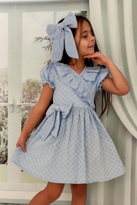 Outwear - تنورة بناتي بياقة على شكل V دانتيل مكشكشة مطرزة وفستان أزرق تول رقيق 100327370 - Turkey
