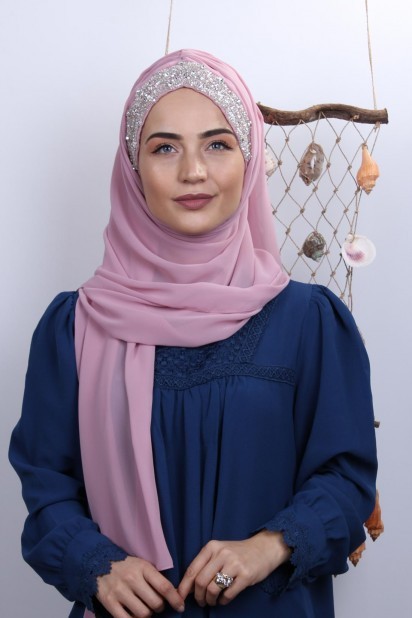 Woman Hijab & Scarf - کاپوت طرح سنگ پودر شال صورتی - Turkey