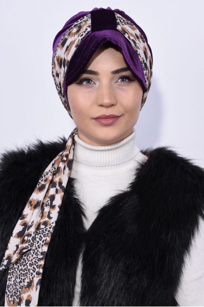Woman Bonnet & Turban - Bonnet Bonnet Écharpe Velours Violet - Turkey