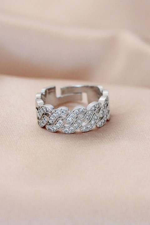 Silver Metal Chain Patterned Zircon Stone Adjustable Ring 100319399