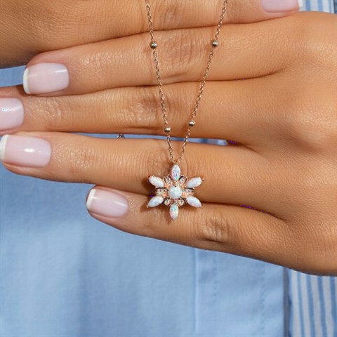 Necklaces - Wind Flower Model Bulk Opal Silver Necklace Rose 100350084 - Turkey