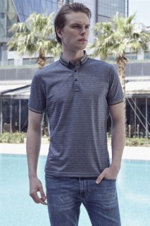 T-Shirt - Men's Black Printed Dynamic Fit Comfortable Cut Buttoned Collar Short Sleeve Striped T-Shirt 100351423 - Turkey