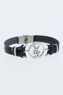 Men - Silver Color Scorpion Figured Metal Accessory Black Color Leather Men's Bracelet 100318531 - Turkey