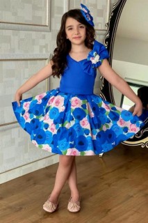 Girl's Fluffy Blue Dress With Brooch And Buckle Flower Print 100328738