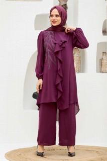 Outwear - Plum Color Hijab Suit Dress 100332917 - Turkey