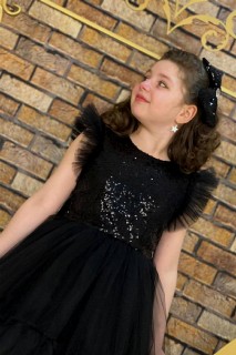 Girls' Sleeves Ruffled Skirt Fluffy Tulle Pulpette Black Evening Dress 100328402