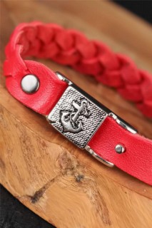 Red Color Knitted Pattern Sea Anchor Accessory Leather Men's Bracelet 100318839
