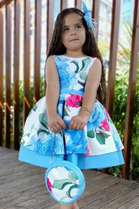 Girl's Waist Banded Back Bow, Bag and Buckle Gift, Floral Printed Blue Dress 100327367