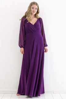 Woman - Plus Size Evening Dress With Sleeves Chiffon Long Evening Dress Purple 100276313 - Turkey