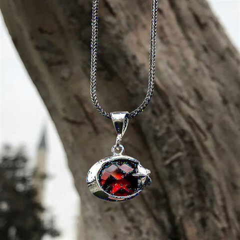 Moon Star Model Red Zircon Stone Silver Necklace 100348301